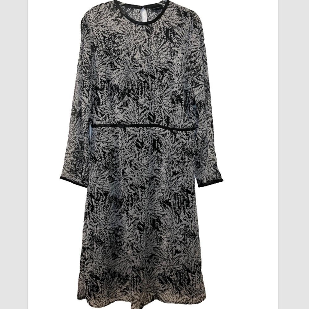 Who What Where Black & Ivory Botanical Print Midi Dress Faux Leather Long Sleeve